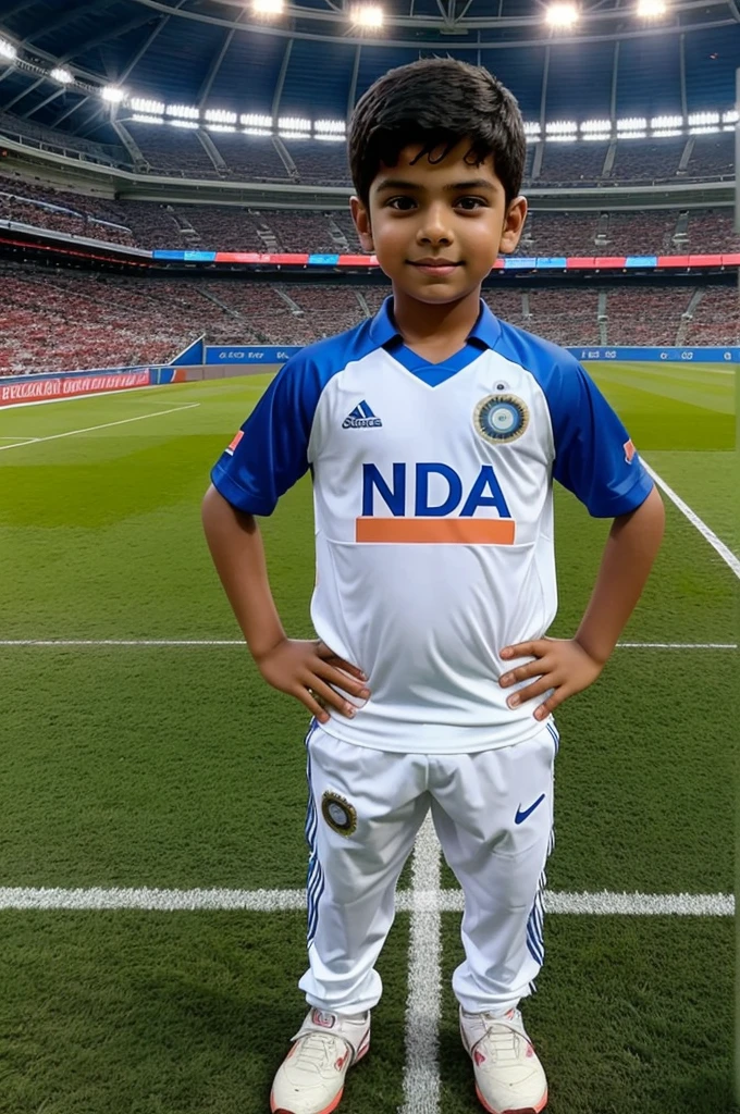 Please create an animated image of a kid standing in the middle of a stadium. He is wearing a Team India jersey with the number 7 and the name 'Pratik' on it. The scene depicts him having just made a century. 