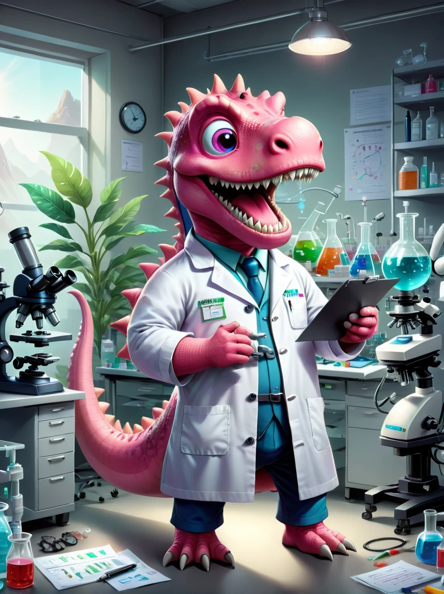 A pink dinosaur character with a broad, toothy smile, dressed as a researcher, They're in a lab, surrounded by scientific equipment like microscopes, beakers, charts and graphs. The dinosaur is wearing a lab coat, eye protection, and holds a clipboard in its hand, Papers are strewn about, indicating a busy work day, The lab setting is filled with light coming from fluorescent lamps overhead, Illustrate this in a cartoon style