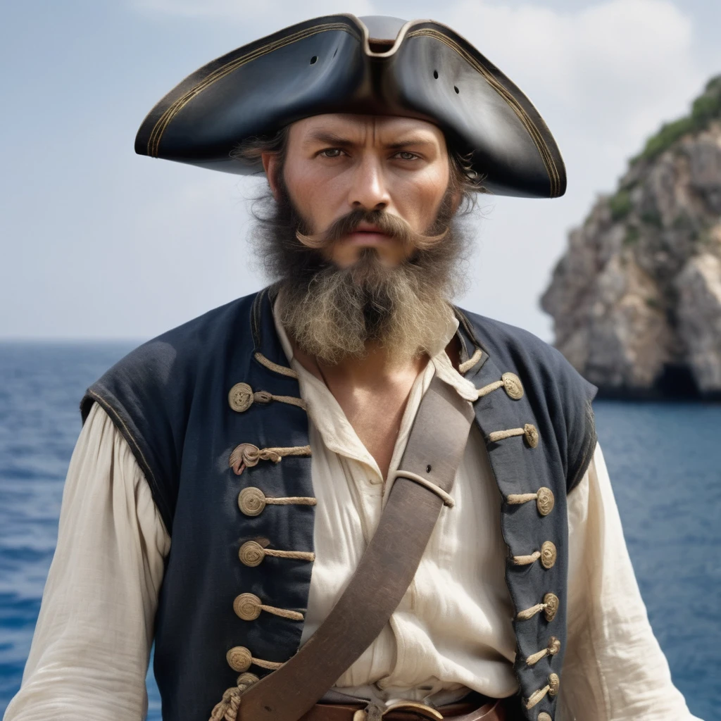 19Pirates in the Mediterranean in the first half of the 19th century、Man with beard、Super beauty、Upper body UP、Always detailed、Ultra delicate、photograph、3d