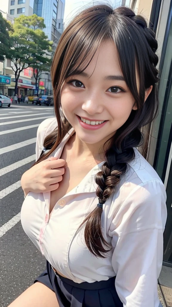 Raw photo、Ultra-realistic、Ultra detailed face、Detail lips、Detailed eyes、High school girl smiling showing her teeth、Long Hair:1.1、chest、Visible curves、Laughing with your mouth open 、Tokyo city角、 Whole body、( Slender body)、(Long Hair)、Big Breasts、Idol、(pastel colour)、18-year-old、Small face、Braid、 Tokyo city、Long beautiful legs 1.2、Curved waist、flower、uniform、blouse、Wide forehead