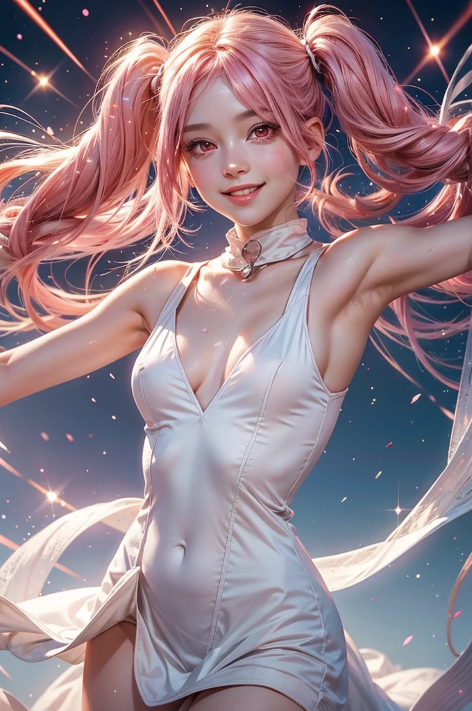 Perfect human body modeling, 1girl, small breasts, beautiful girl, cute girl and idol face, young face, smile, Beautiful long pink hair, twintails, Beautiful shining red eyes, white skin, Short body, white summer dress, sleeveless, light particles, light sparkles, lens flare, Light particles