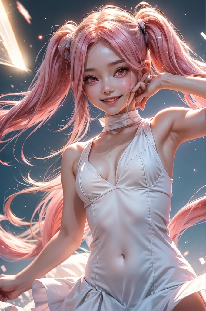Perfect human body modeling, 1girl, small breasts, beautiful girl, cute girl and idol face, young face, smile, Beautiful long pink hair, twintails, Beautiful shining red eyes, white skin, Short body, white summer dress, sleeveless, light particles, light sparkles, lens flare, Light particles