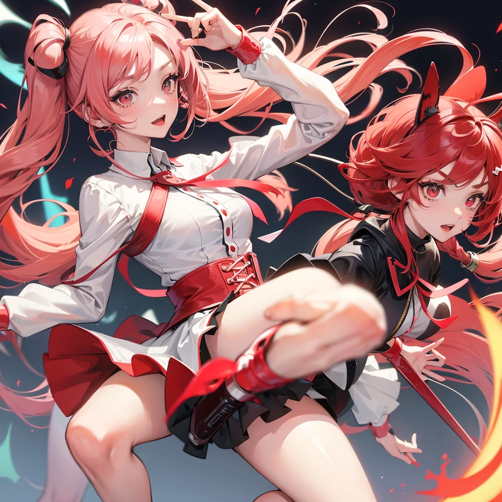 Beautiful girl, short skirt, Anime, red and white gradient hair,Twin Tail, girl's clothes match her hair color, 3D good quality, wallpaper for phone.