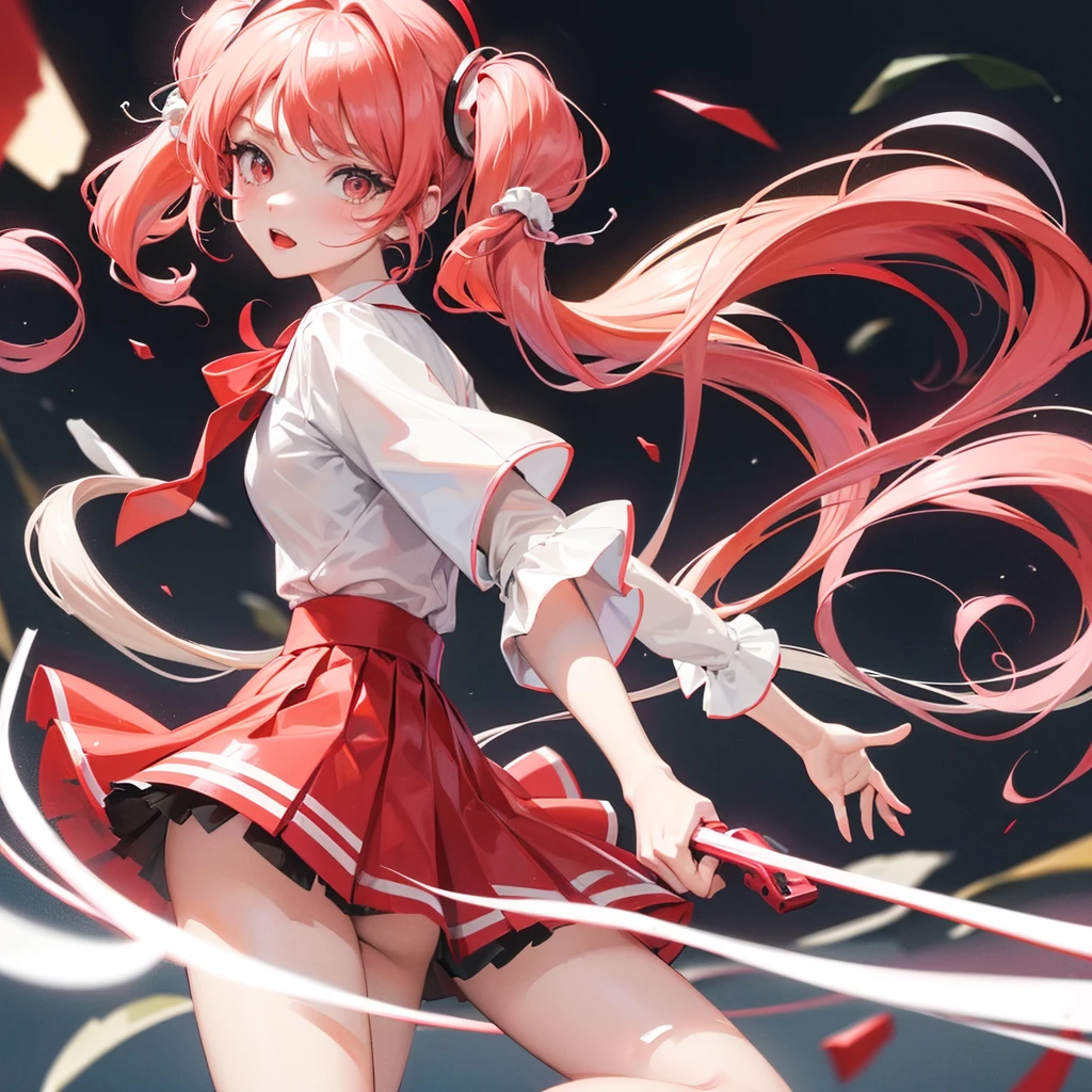 Beautiful girl, short skirt, Anime, red and white gradient hair,Twin Tail, girl's clothes match her hair color, 3D good quality, wallpaper for phone.