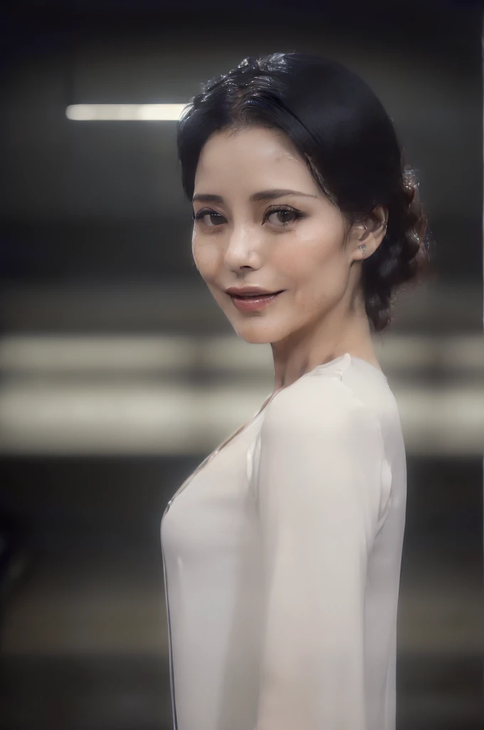 (((A very realistic, professionally shot, frontal, close-up, American-style shot of an actress, very Seductive pose, 32k, 7 heads、looking at viewer, Staring Intently :1.8)),(A pure white, extremely thin fabric business short-sleeved open-neck shirt with a wide V-neck, Soaking wet:1.4)。((Highest quality)), ((masterpiece)), (((detailed))), (midnight ,A modern train station platform in Tokyo on a dark, pouring, stormy night, Low Key Lighting:1.6)、(((A very beautiful, extremely elegant and intelligent 39-year-old Japanese woman。Very intelligent, with a goddess-like face and figure。An extremely elegant, calm and modest smile, Being drunk、My eyes are quite watery、I&#39;m very horny、embarrassed ,blush, Curvy Body、Extremely realistic, detailed and beautiful facial depictions:1.9)))、(((A short, well-groomed, shiny black haircut。The skin is white and very smooth。A very hot rainy summer night、I&#39;m pretty sweaty、My clothes were soaking wet and transparent、When wet, it sticks perfectly to your skin, revealing your beautiful body lines.、Through the extremely thin fabric, her skin and her navy blue, lacy, high-end underwear are clearly visible.:1.9)))。(((A simple and elegant business pencil skirt in a plain navy blue knee-length,The clothes fit the body very well:1.8))), (Healthy Body、The line of the chest, collarbone and décolletage are extremely beautiful.:1.9)。She is looking straight at the camera with a very shy look on her face.。Light makeup and no piercings,A simple and modest pearl necklace、(((large&good hips、large&nice chests )))