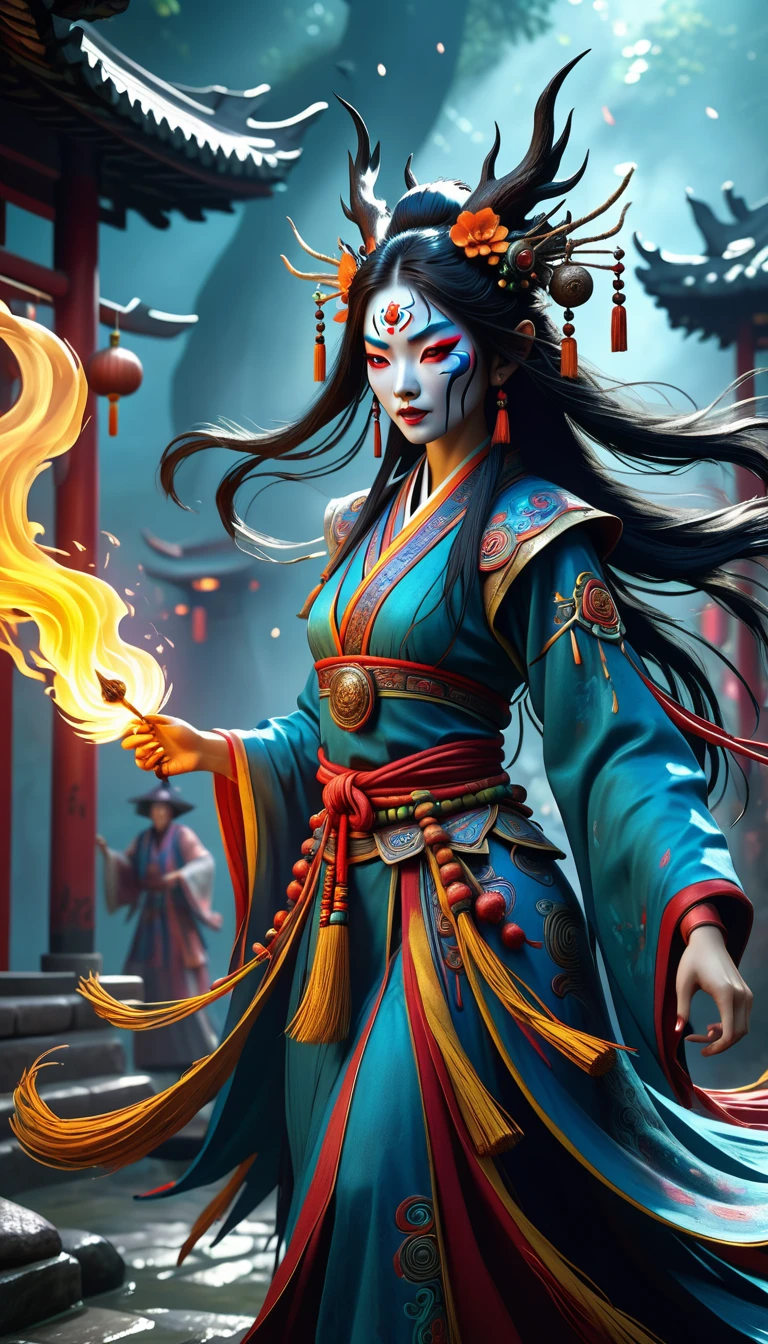 full length shot,painted face witch,shaman witches,amazing epic chinese ancient theme ,martial arts style,chinese fairy tale ,highly detailed,dynamic,cinematic,stunning,realistic lighting and shading,vivid,vibrant,8k,octane render,very detailed,realistic,cry engine