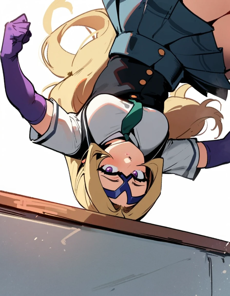 1girl, mount lady, boku no hero academia \\\\\ masterpiece, best quality, very aesthetic, absurdres, newest \\\\\\ sportive body, \\\\\\ by dodok, nyantcha, cutesexyrobutts, by khyle ///// blonde, purple eyes, (school uniform:1.2), skirt, , 24 years old, white background,tie,sit on desk, below view,