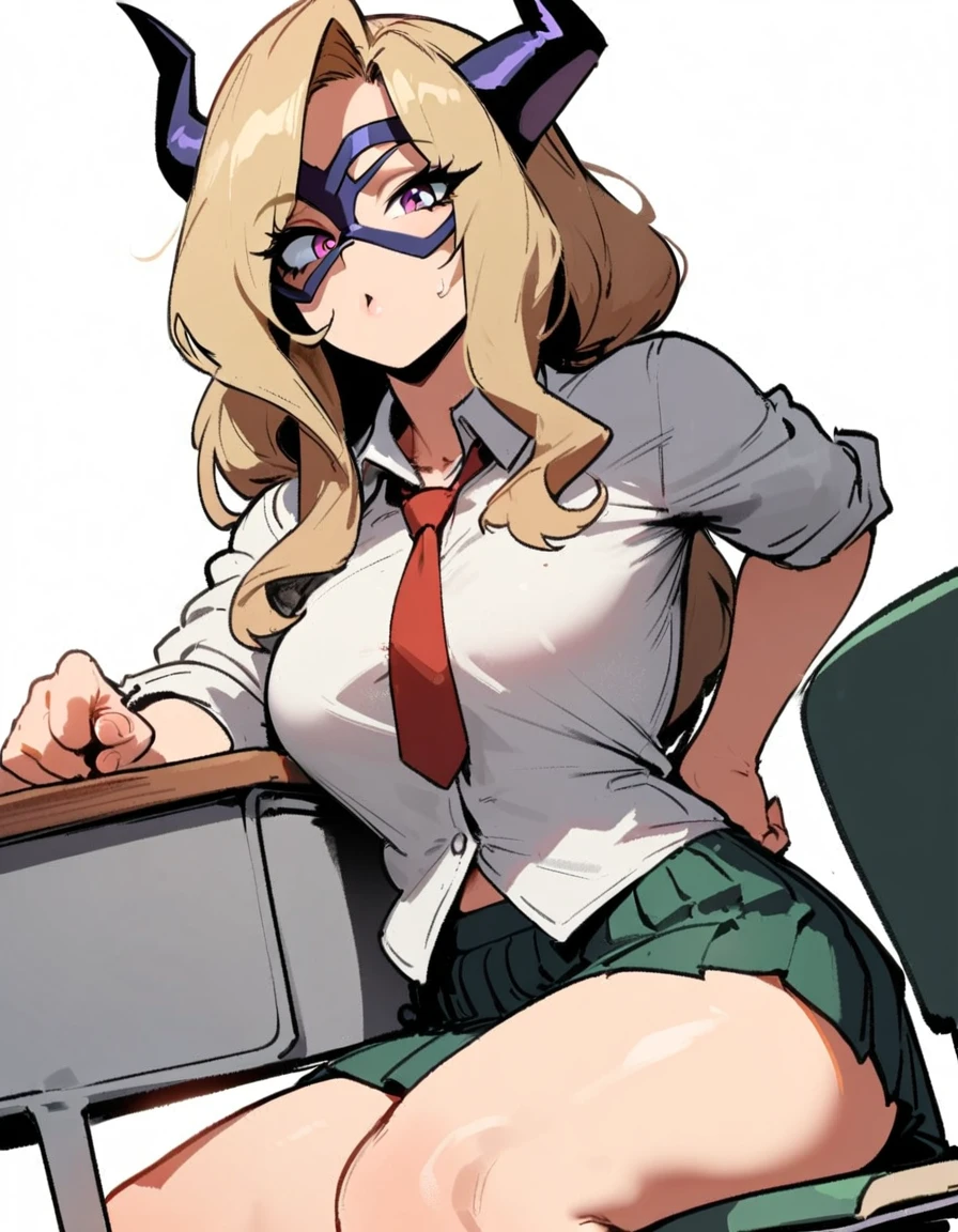 1girl, mount lady, boku no hero academia \\\\\ masterpiece, best quality, very aesthetic, absurdres, newest \\\\\\ sportive body,  \\\\\\  by dodok, nyantcha, cutesexyrobutts, by khyle ///// blonde, purple eyes,  (school uniform:1.2), skirt, , 24 years old, white background,tie,sit on desk, below view, 
