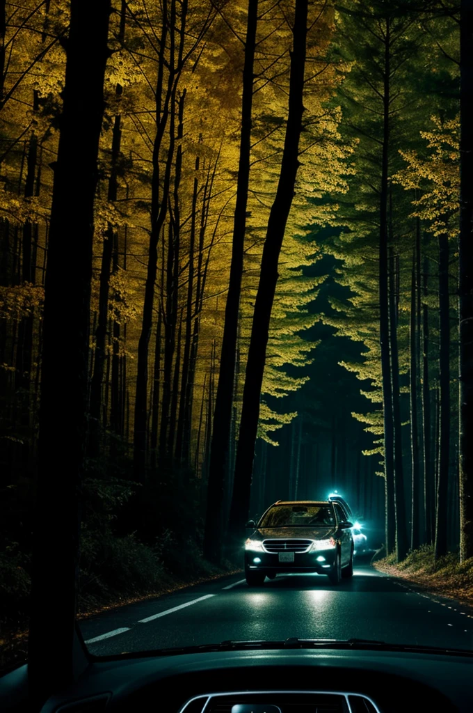 Dark forest at night seen from the windshield of a car with a girl in the background of the road, paint strokes