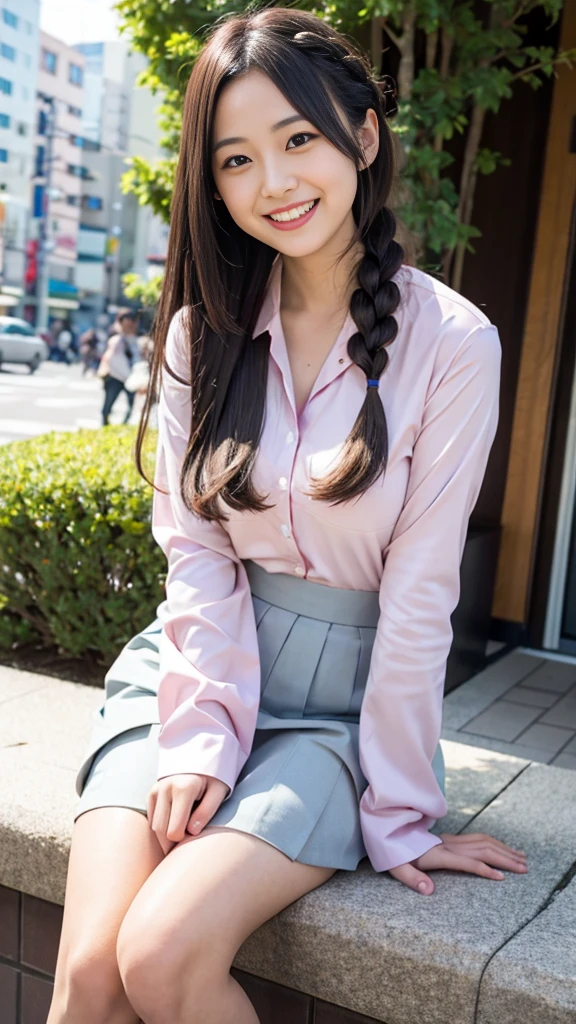 Raw photo、Ultra-realistic、Ultra detailed face、Detail lips、Detailed eyes、High school girl smiling showing her teeth、Long Hair:1.1、chest、Visible curves、Laughing with your mouth open 、Tokyo city角、 Whole body、( Slender body)、(Long Hair)、Big Breasts、Idol、(pastel colour)、18-year-old、Small face、Braid、 Tokyo city、Long beautiful legs 1.2、Curved waist、flower、uniform、blouse、Wide forehead