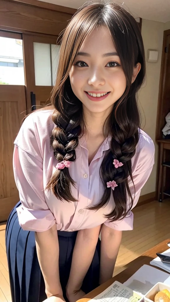 Raw photo、Ultra-realistic、Ultra detailed face、Detail lips、Detailed eyes、High school girl smiling showing her teeth、Long Hair:1.1、chest、Visible curves、Laughing with your mouth open 、Tokyo city角、 Whole body、( Slender body)、(Long Hair)、Big Breasts、Idol、(pastel colour)、18-year-old、Small face、Braid、 Tokyo city、Long beautiful legs 1.2、Curved waist、flower、uniform、blouse、Wide forehead