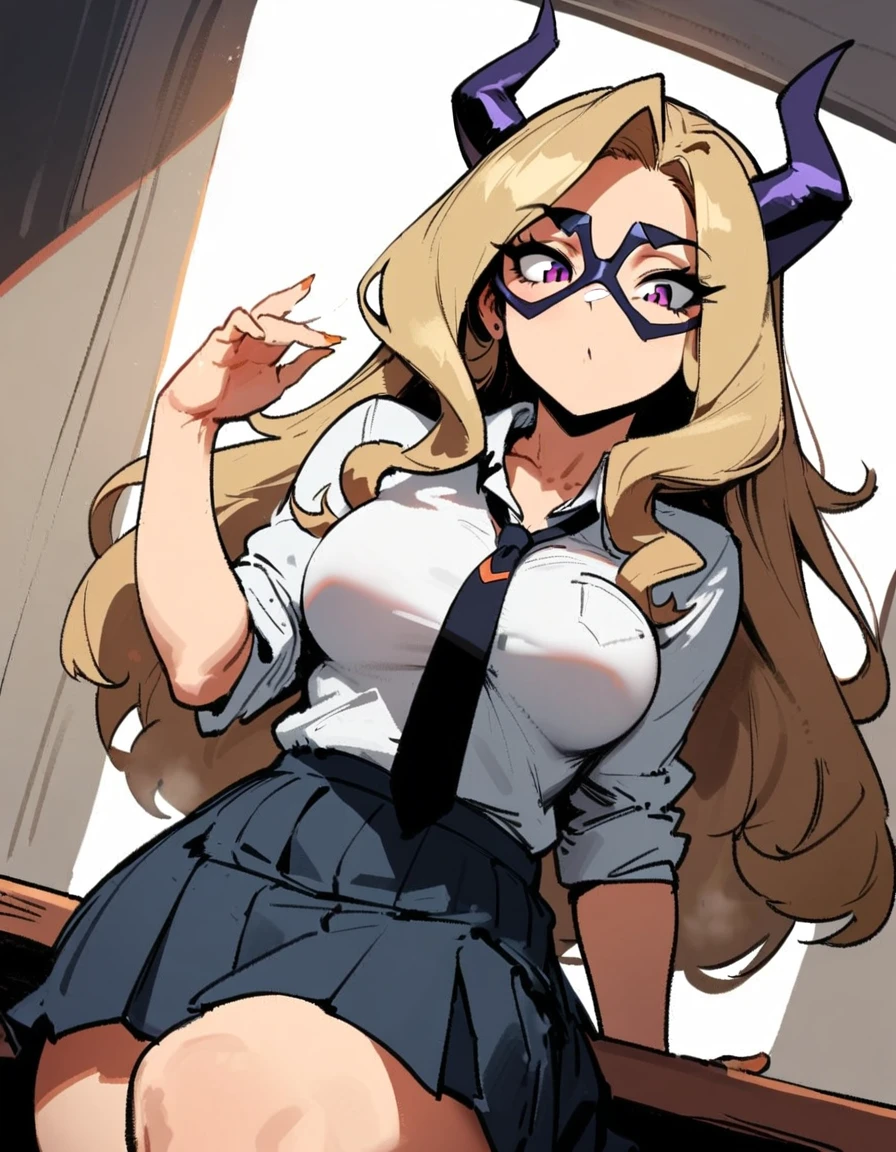 1girl, mount lady, boku no hero academia \\\\\ masterpiece, best quality, very aesthetic, absurdres, newest \\\\\\ sportive body,  \\\\\\  by dodok, nyantcha, cutesexyrobutts, by khyle ///// blonde, purple eyes,  (school uniform:1.2), skirt, , 24 years old, white background,tie,sit on desk, below view, 