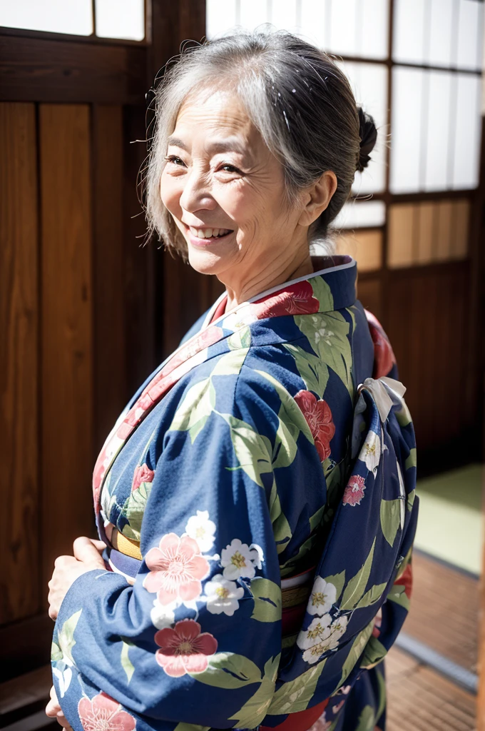 70-year-old old woman, Japanese, beautiful kimono, smiling, looking away, no background