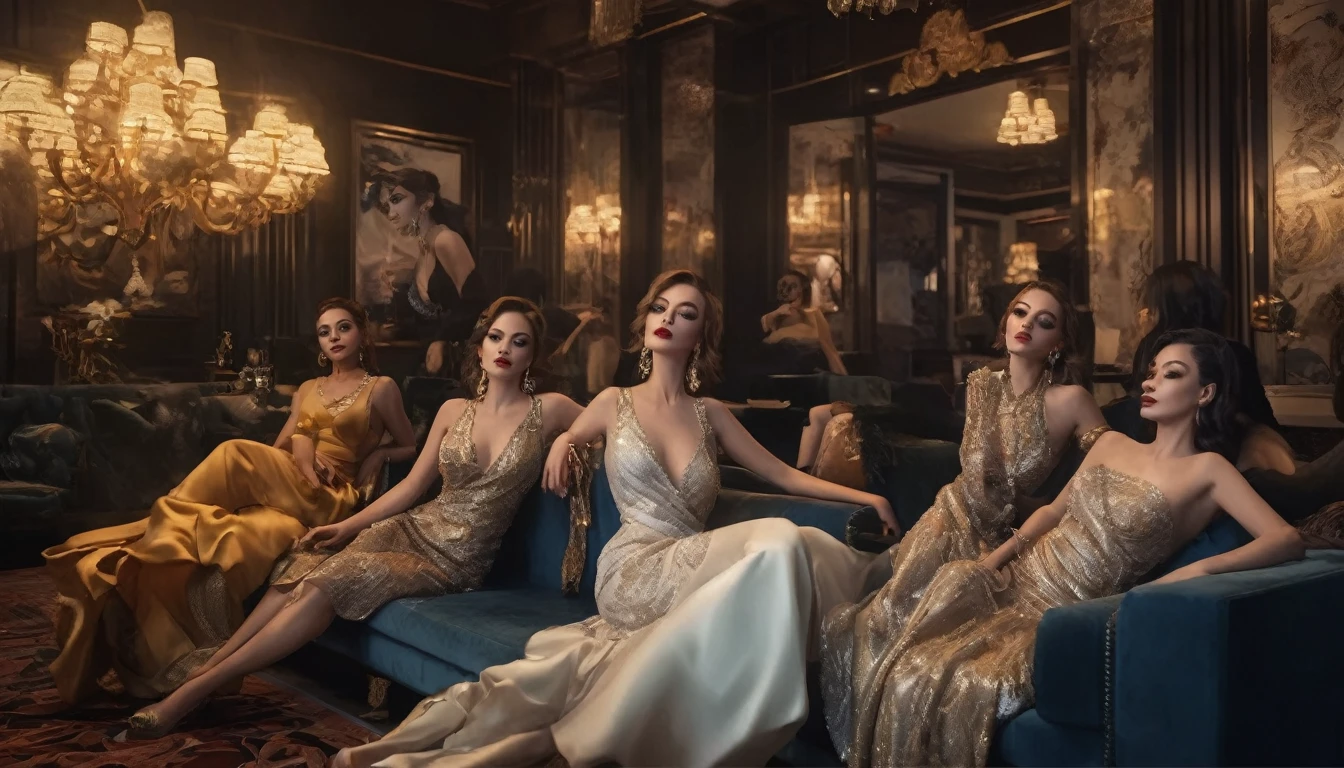 a group of women lounging in a brothel lobby, beautiful detailed eyes, beautiful detailed lips, extremely detailed eyes and face, long eyelashes, elegant dresses, luxurious interior, ornate furnishings, dramatic lighting, (best quality,4k,8k,highres,masterpiece:1.2),ultra-detailed,(realistic,photorealistic,photo-realistic:1.37),dramatic chiaroscuro lighting, moody atmosphere, oil painting, cinematic