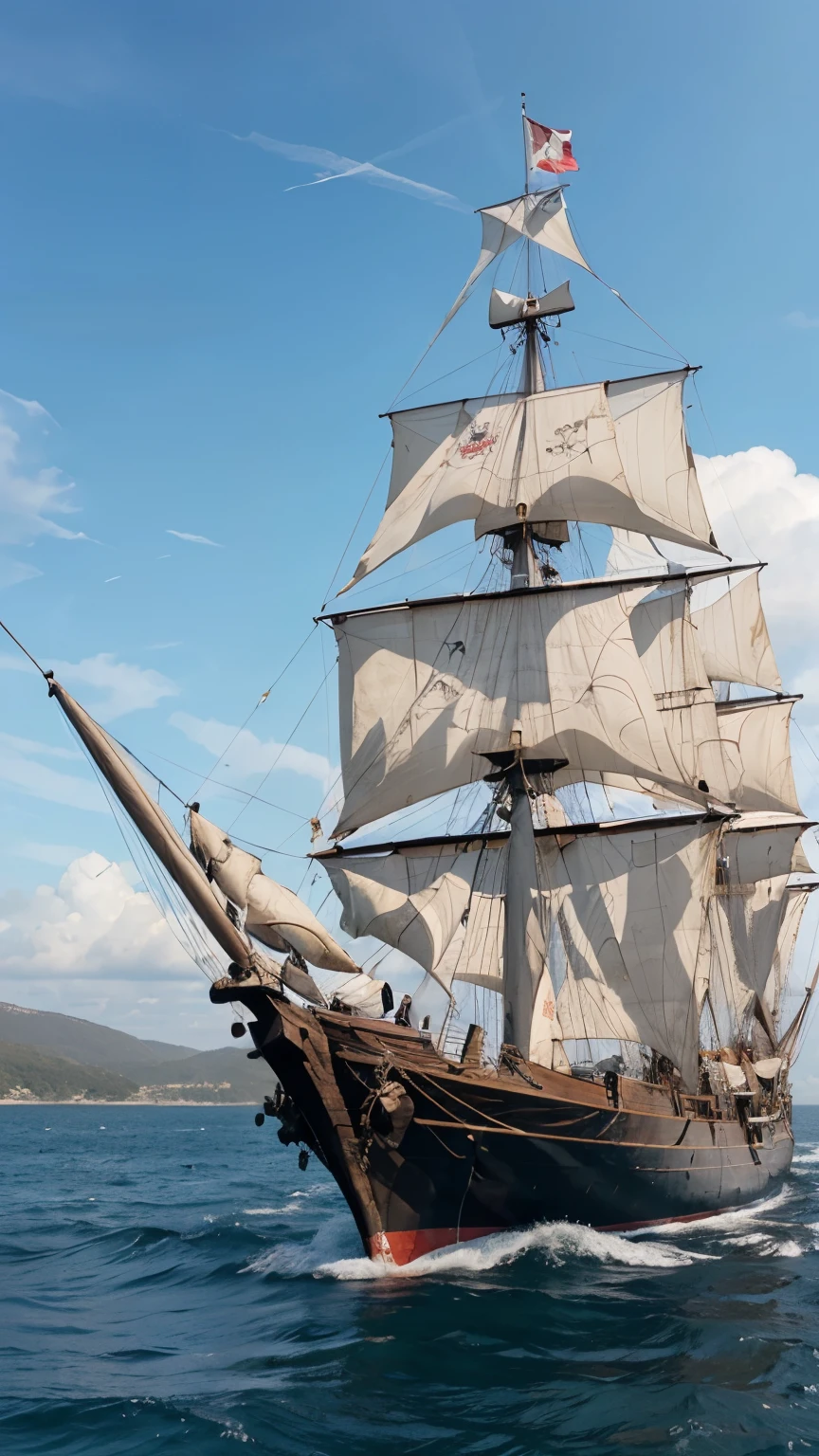 the mast of a pirate shiip, full height head on view, full rigging, battle scarred, ultra realistic, against a plain white background