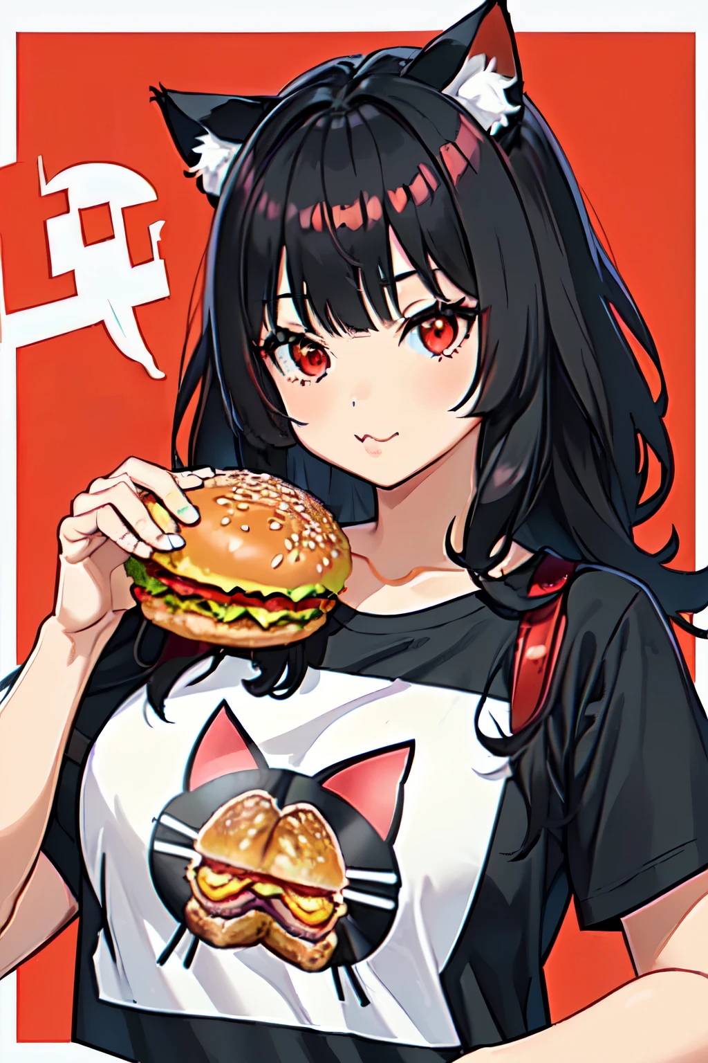 ((junkotvv black hair with bangs and cat ears, Red eyes)), )High school girl eating kfc burger wearing kfc print t-shirt, holding a KFC burger in one hand and KFC fries in the other