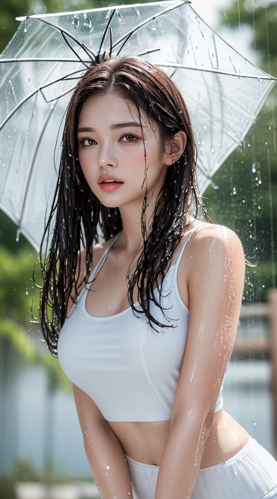 (Highest quality, 4K, masterpiece :1.3), Beautiful woman, One girl, sexy :1.1, Dark brown hair: 1.1, (It rained and I got wet, Raindrops, Wet body :1.2), White tank top, Highly detailed face, Detailed lips, Fine grain, double eyelid