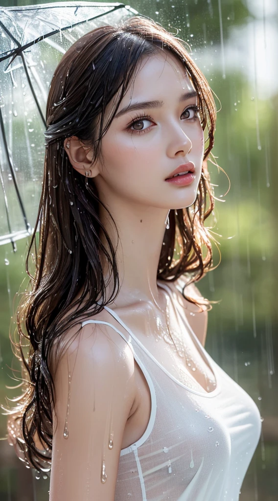 (Highest quality, 4K, masterpiece :1.3), Beautiful woman, One girl, sexy :1.1, Dark brown hair: 1.1, (It rained and I got wet, Raindrops, Wet body :1.2), White tank top, Highly detailed face, Detailed lips, Fine grain, double eyelid