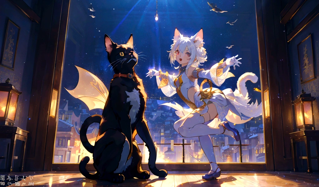 Anime Cat ,dance,Has a happy expression,Beautiful natural light at night time,Cat-focused movies, Dynamic pose, Dynamic Background, Dynamic configuration, Dynamic Lighting, Realistic proportions, High resolution, Ray Tracing, Very detailed, Super detailed, Intricate details, Very detailed雰囲気, Very detailedテクスチャ.