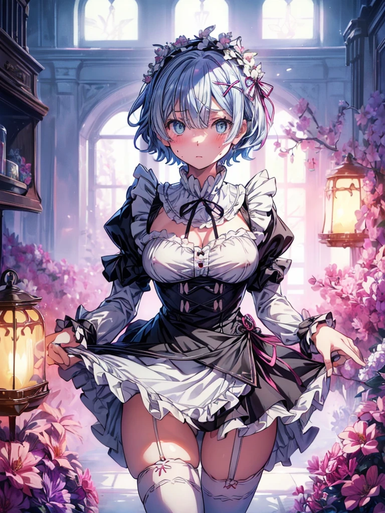 (1girl, NSFW, neferpitou, beautiful girl, beautiful face ((neferpitou)), look at viewer, humiliated, front face, rem, blue eyes, blue hair, hair ornament, hair over one eye, hair ribbon, short hair, x hair ornament apron, black ribbon, black skirt, black sleeves, detached collar, detached sleeves, flower, frilled apron, frilled skirt, frills, head wreath, long sleeves, maid, miniskirt, neck ribbon, purple ribbon, ribbon, ribbon trim, ribbon-trimmed sleeves, roswaal mansion maid uniform, short hair, skirt, thighhighs, waist apron, white apron, white thighhighs,, huge ass, wide hips, large breasts, blush, sweat, realistic, huge breasts), (beautiful, masterpiece, super detailed, perfect lighting, shiny), (white wall, low angle,