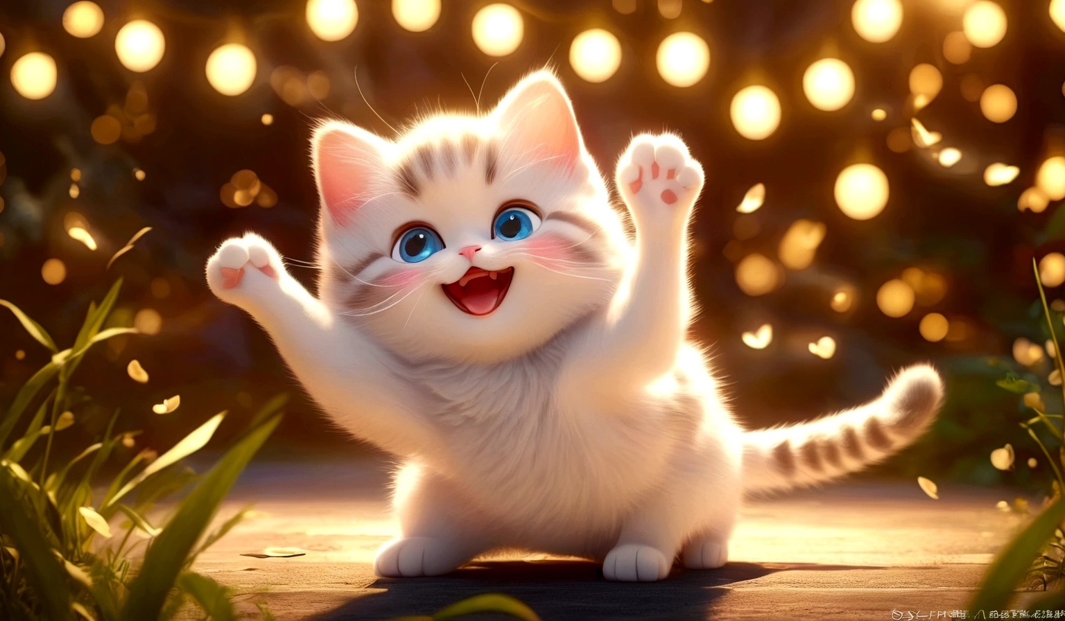 Anime Cat ,dance,Has a happy expression,Beautiful natural light at night time,Cat-focused movies, Dynamic pose, Dynamic Background, Dynamic configuration, Dynamic Lighting, Realistic proportions, High resolution, Ray Tracing, Very detailed, Super detailed, Intricate details, Very detailed雰囲気, Very detailedテクスチャ.