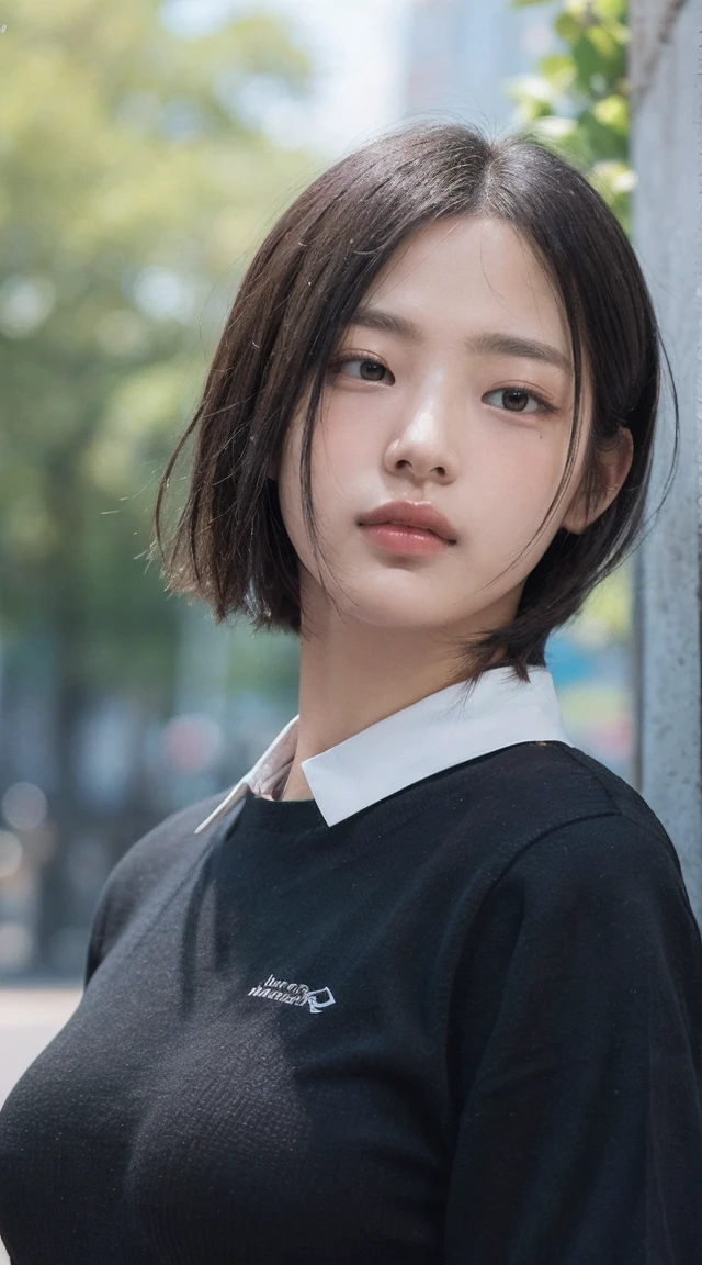 Photorealistic, masutepiece, Best Quality, Raw photo, 1girl in, Solo, handsome short hair, Detailed face, alluring face, Black shirt with collar, medium breasts, Dynamic Pose, Looking at Viewer, From below, Detailed background, fine detailed, intricate detailes, Ray tracing, depth of fields, lowkey, nffsw