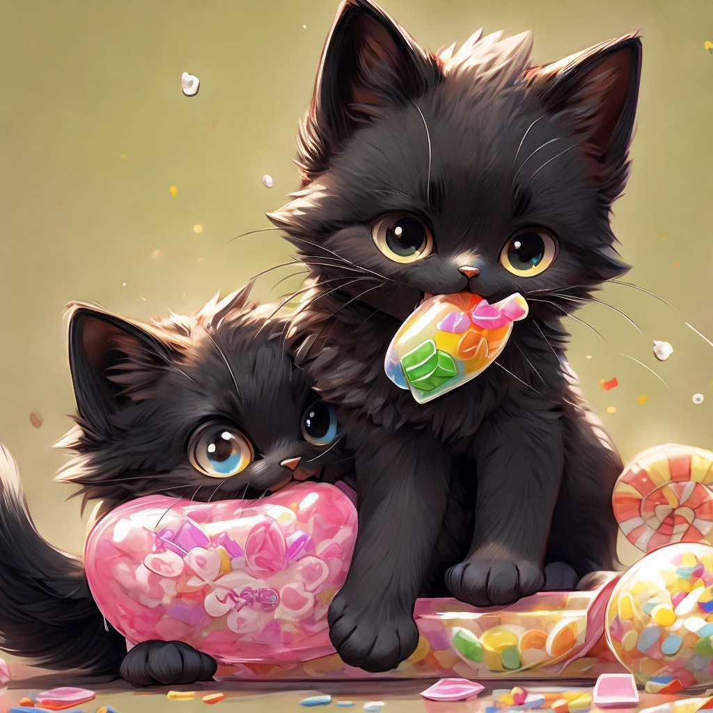 Black cat kitten、Licking a big candy