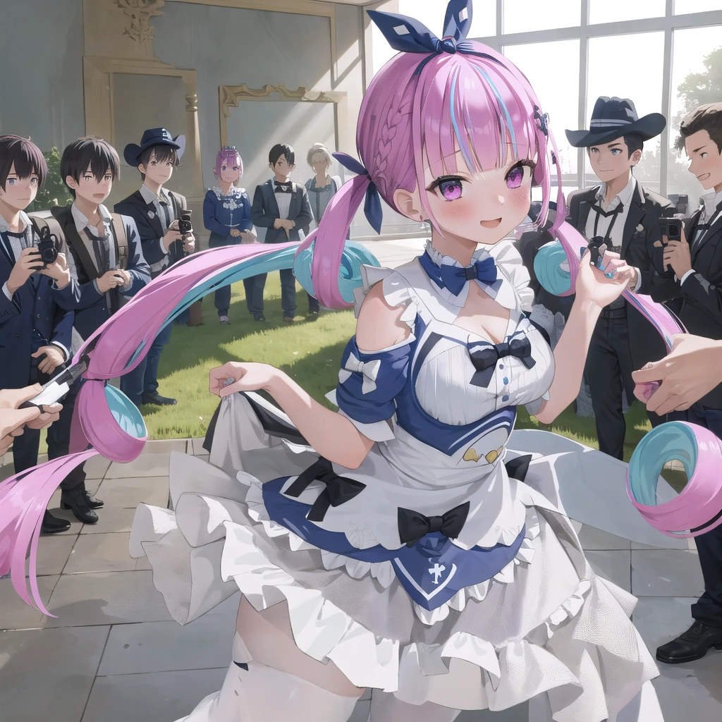 masterpiece, ultra detail, best quality, girl, shy, Minato aqua, Make a heart with your hands., blush, comiket_cosplay_Hiroba, camera, 6+boys, indoor, holding camera, multiple boys, day, crowd, taking picture, blue sky, photo background, backwards , iiaqua, twintails, drill hair, cowboy shot, standing, garden, smile