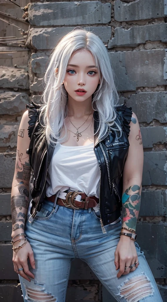 realistic, high resolution, soft lighting, 1 woman, 25 years old, alone, butt up, blue eyes, gray hair, long hair, bijouterie, Tattoo, streetwear