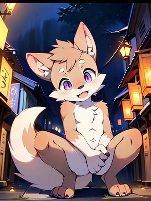 Civet cat, **********, cute, (alone), (((Has brown and white fur))), Big purple eyes, Blushing, smile, Open your mouth, walking, night, Ancient Asian cities, bright street lights, Blue and black slate road, Empty Streets, Starry Sky, Shadow, Detailed facial depiction, ((Accurate hand drawing)), レンブラントの光とShadow, Ultra-fine，Completely naked，Naked，Naked，Full nudity，Nude，Barely，Fully visible，Spread your legs and point your crotch，Embarrassing，Embarrassing表情，On all fours，Put your hands and feet on the ground，Sit like a dog，Shake hands like a dog，Four-legged，Accurate hand and foot count，shame，first round，Fantasy，Anime-style depiction，