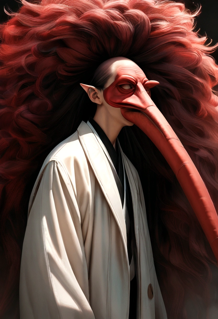 Japanese mythology, Making a Tengu, Long nose red mask, Thin and long nose, 8K, Ultra-realism, Cinematic,I&#39;ll wear a white coat,