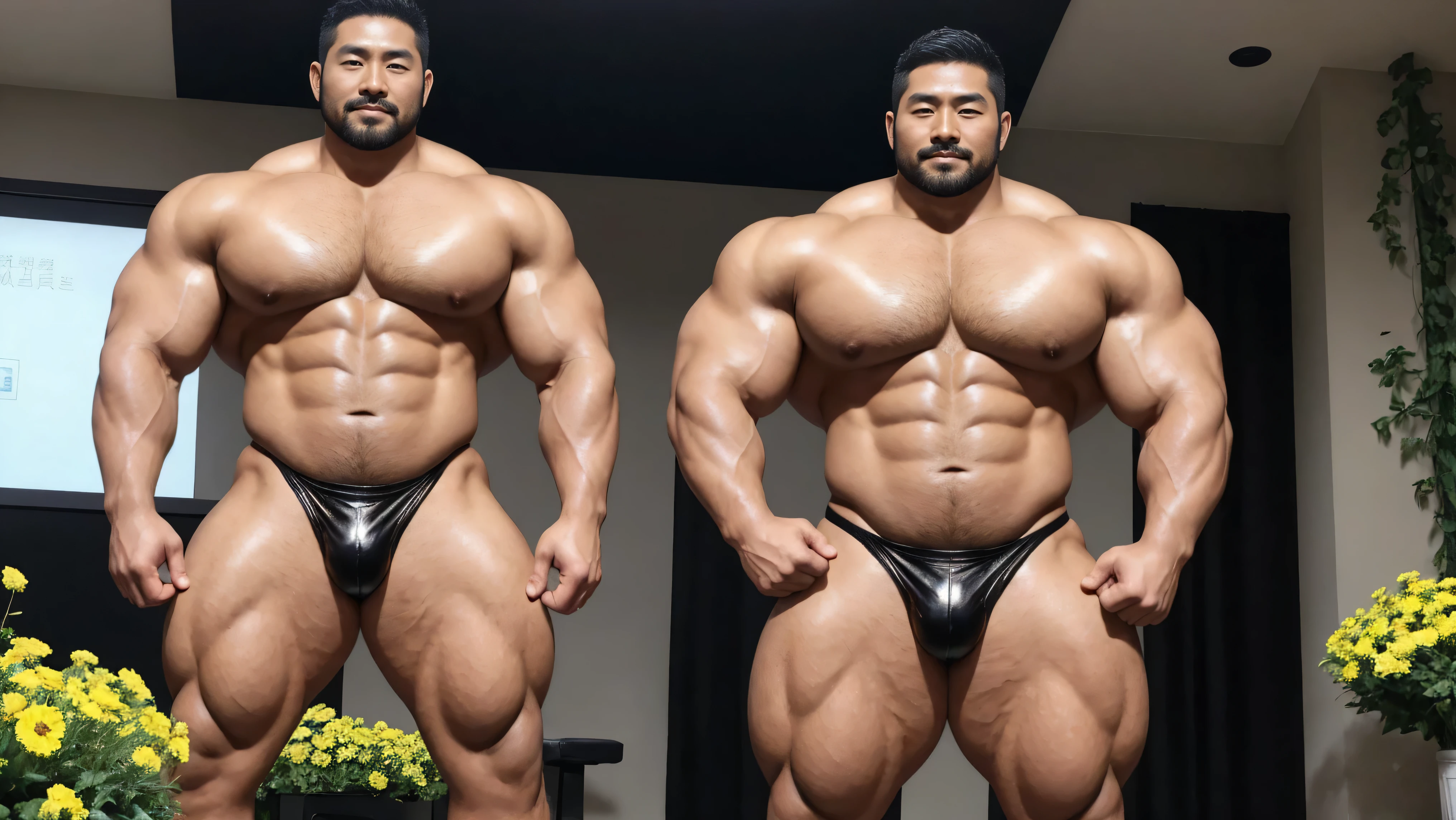 There is only one handsome Asian actor in the photo，35 years old，High target, Fitness，short hair, O-Shaped Beard，Perfect body, Dark skin color，Radiant Skin，Smooth skin，Muscle bulge, muscular, Very large pectoral muscles，Very sexy abdominal muscles，Very well-developed leg muscles，Huge concave and convex area，Brightens oily skin，Wearing black leather shiny thong，Handsome face， Correct and accurate male body proportions, Wear black socks，There are iron chains around the body，Stand among the flowers。
