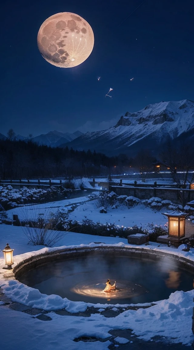 Ancient Chinese scenery, ((hot spring)), (heavy snow), (firefly), (paper kite), (midnight), (moon), shrine on the top of the mountain, ((flower)), beautiful scenery, realistic lighting, masterpiece, High quality, beautiful graphics, high details,