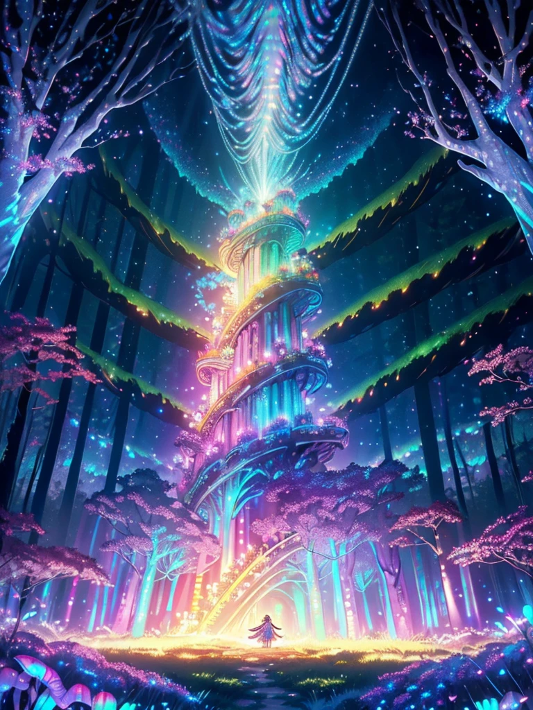 Enchanted mystical forest, neon-colored butterflies, pure blue water river spring, golden mini fairies, glowing mushrooms releasing pollen, extremely beautiful landscape, (ultra-realistic), {extremely detailed 8k CG unit wallpaper}, expansive landscape photography, (a low view that prioritizes the entire scene, (wide open field view), (low angle shot), (high light: 1.5), (low light: 1.0), (warm light source: 1.0), complex details, (iridescent colors: 1.5), (bright lighting), (atmospheric lighting), nature, magical, landscape