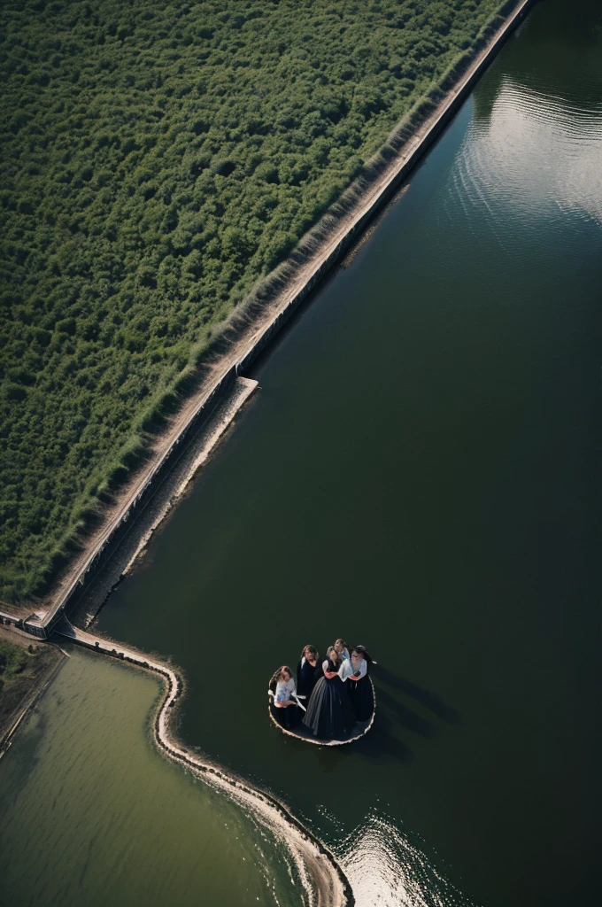 **two women and a 10-year-old girl hugging in the middle of a giant calm river, dressed in black. seen from above. Super 8 lens. Postwar. village atmosphere. style. 60s. film with grain and texture 16mm. --ar 16:9 --v 6.0** - Image #1