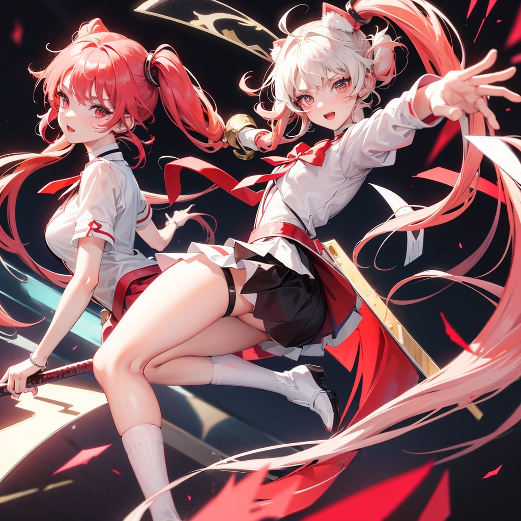 Beautiful one girl with a short skirt, Anime, gradient hair, red and white,Twin Tail, girl&#39;s clothes match her hair color, 3D good quality, wallpaper for phone.