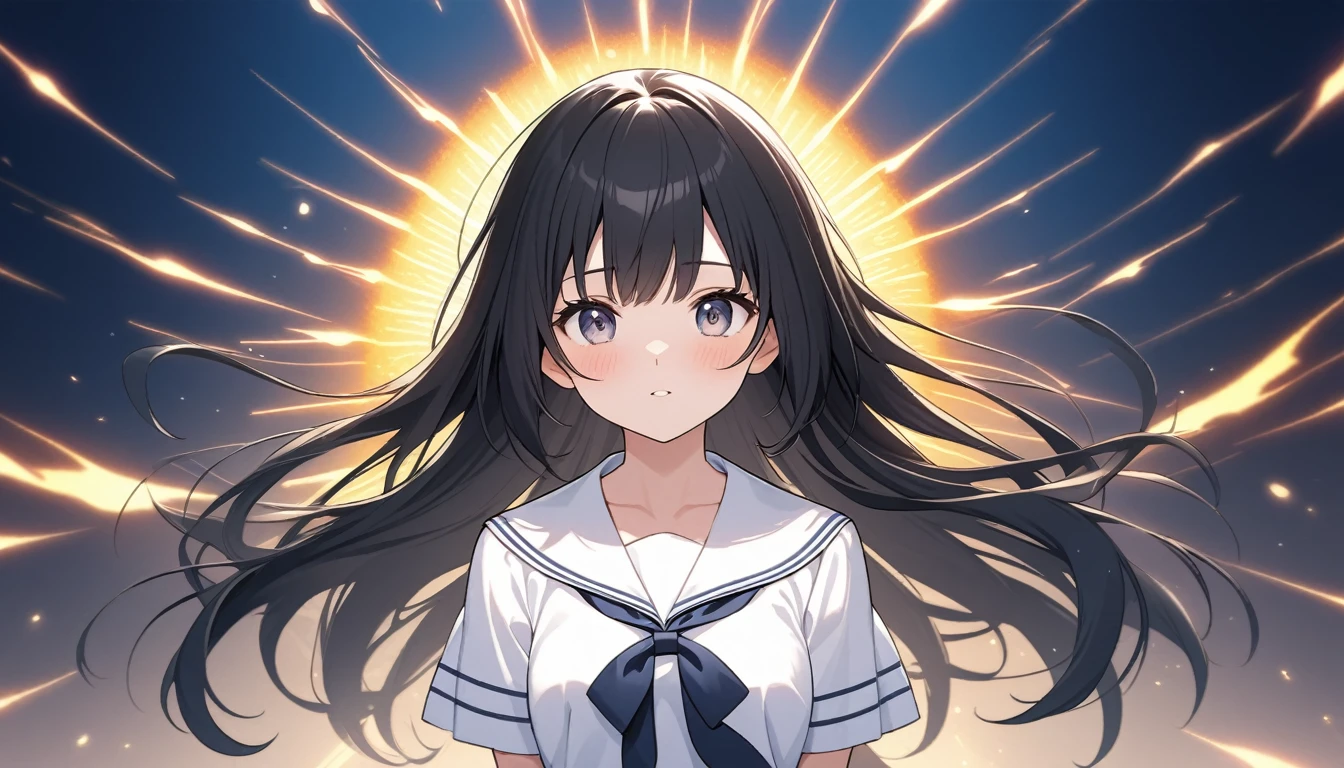 A high school girl in a summer sailor uniform,
A design and expression that will shock you as if you were struck by lightning.
The summer sun shines on her. Black hair, straight, long, shiny hair. The background is a light, cool,
The image is vividly rendered with a touch that reproduces a dainty maiden.If the completion score for this project is 60 points, please give us a 100 point completion score work.