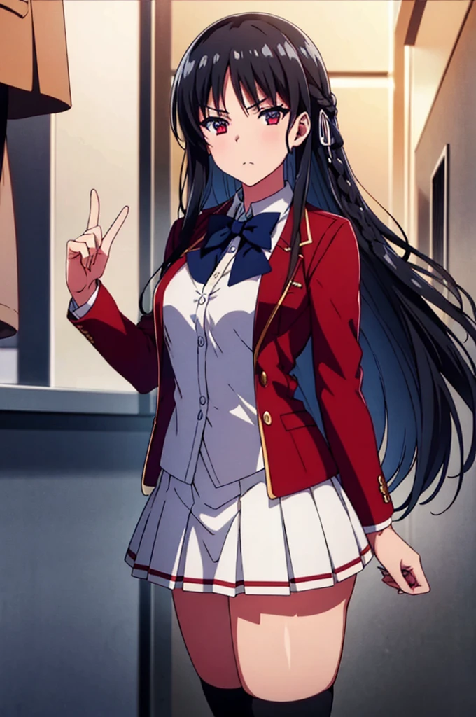 (masterpiece), (ultra detailed), (best illustration), (official art:1.5), (anime screencap:1.2), anime keyvisual, perfect anatomy, 8k portrait,
1girl,
Suzune Horikita \(youjitsu\),
long hair, braid,
black hair,
(red eyes, slant eyes, small eyes),
blue bow,
medium breasts, (red jacket, white skirt, shirt formal, pleated skirt, black thigh-high socks),
BREAK looking at viewer,
cowboy shot,
perfect light,
background of outdoor, school building,