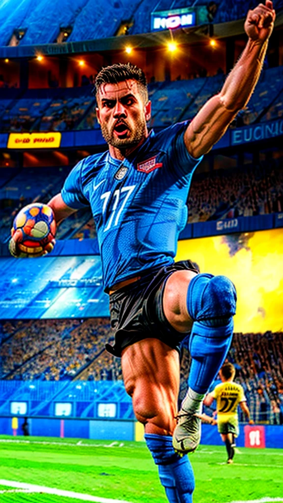 high quality detailed illustration of a football player kicking the ball,UEFA EURO 2024,detailed sports stadium environment,dynamic action pose,dramatic lighting,ultra-detailed,8k,photorealistic,cinematic composition,vibrant colors,chiaroscuro lighting,muscular athletic body,intense facial expression,motion blur,crowd in background,field of view,dramatic camera angle