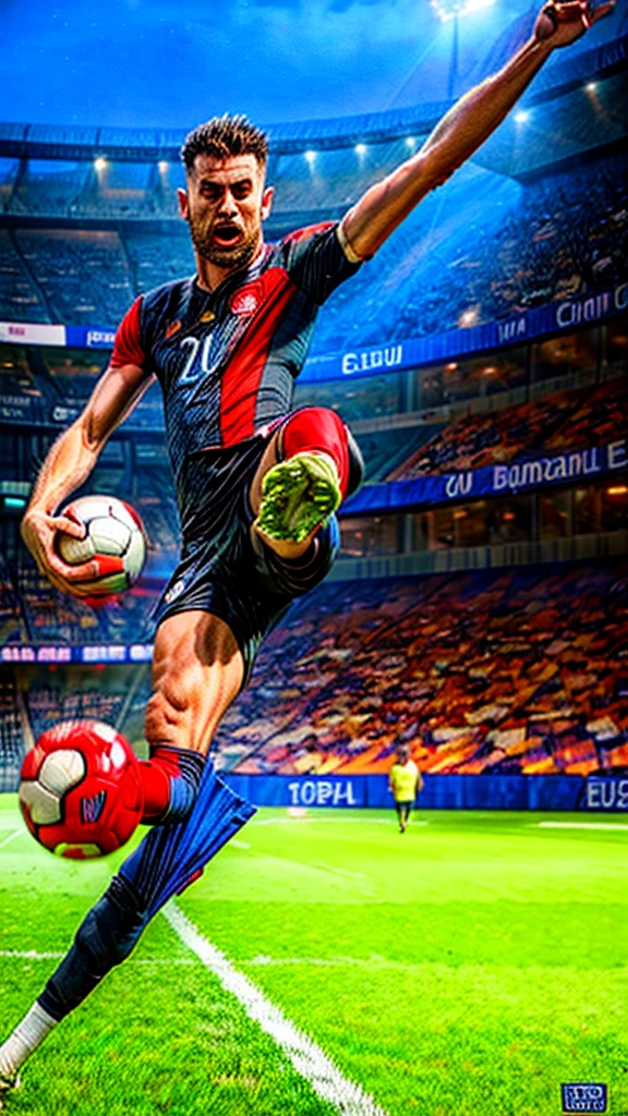 high quality detailed illustration of a football player kicking the ball,UEFA EURO 2024,detailed sports stadium environment,dynamic action pose,dramatic lighting,ultra-detailed,8k,photorealistic,cinematic composition,vibrant colors,chiaroscuro lighting,muscular athletic body,intense facial expression,motion blur,crowd in background,field of view,dramatic camera angle