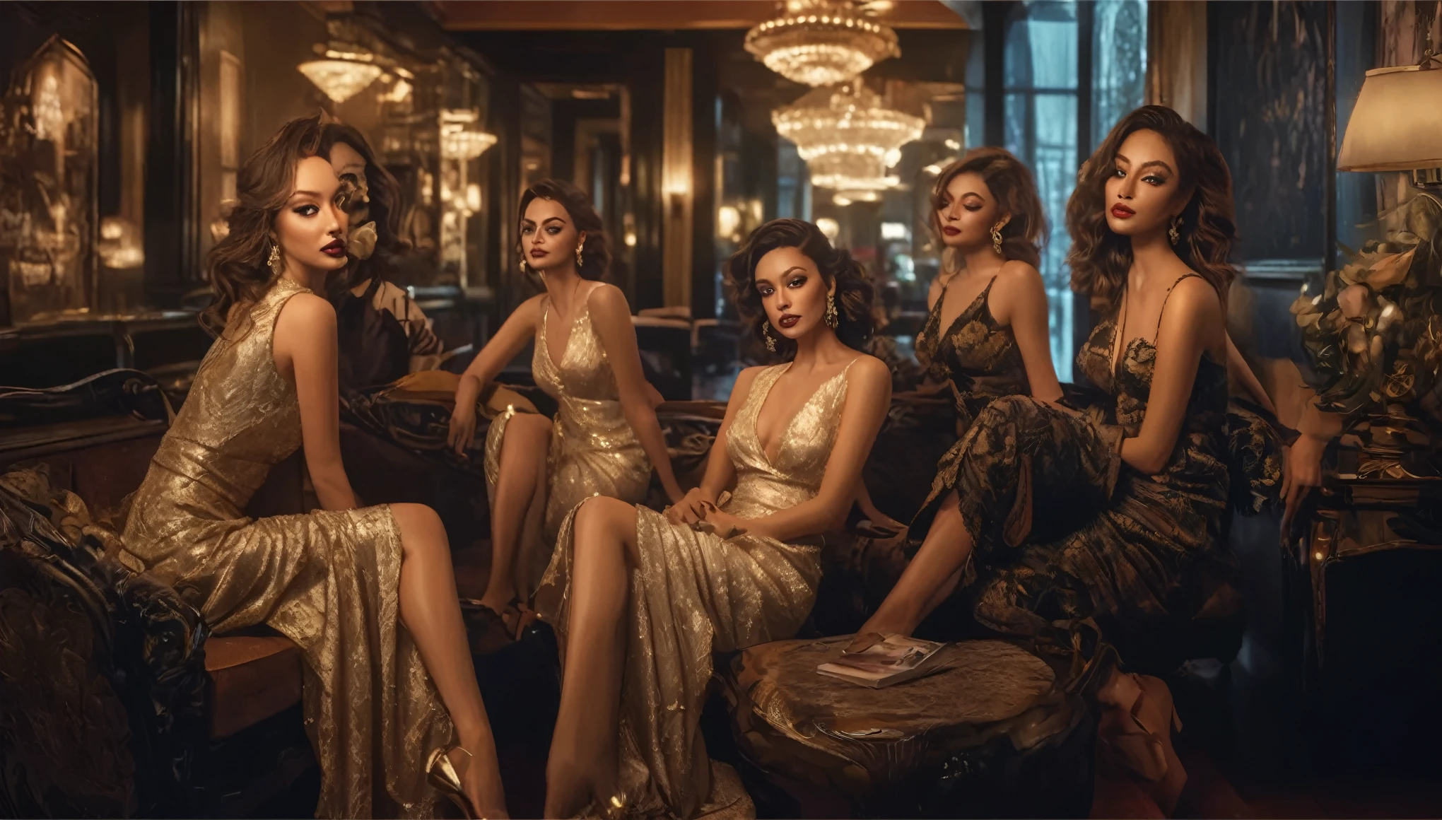 a group of women lounging in a brothel lobby, beautiful detailed eyes, beautiful detailed lips, extremely detailed eyes and face, long eyelashes, elegant dresses, luxurious interior, ornate furnishings, dramatic lighting, (best quality,4k,8k,highres,masterpiece:1.2),ultra-detailed,(realistic,photorealistic,photo-realistic:1.37),dramatic chiaroscuro lighting, moody atmosphere, oil painting, cinematic