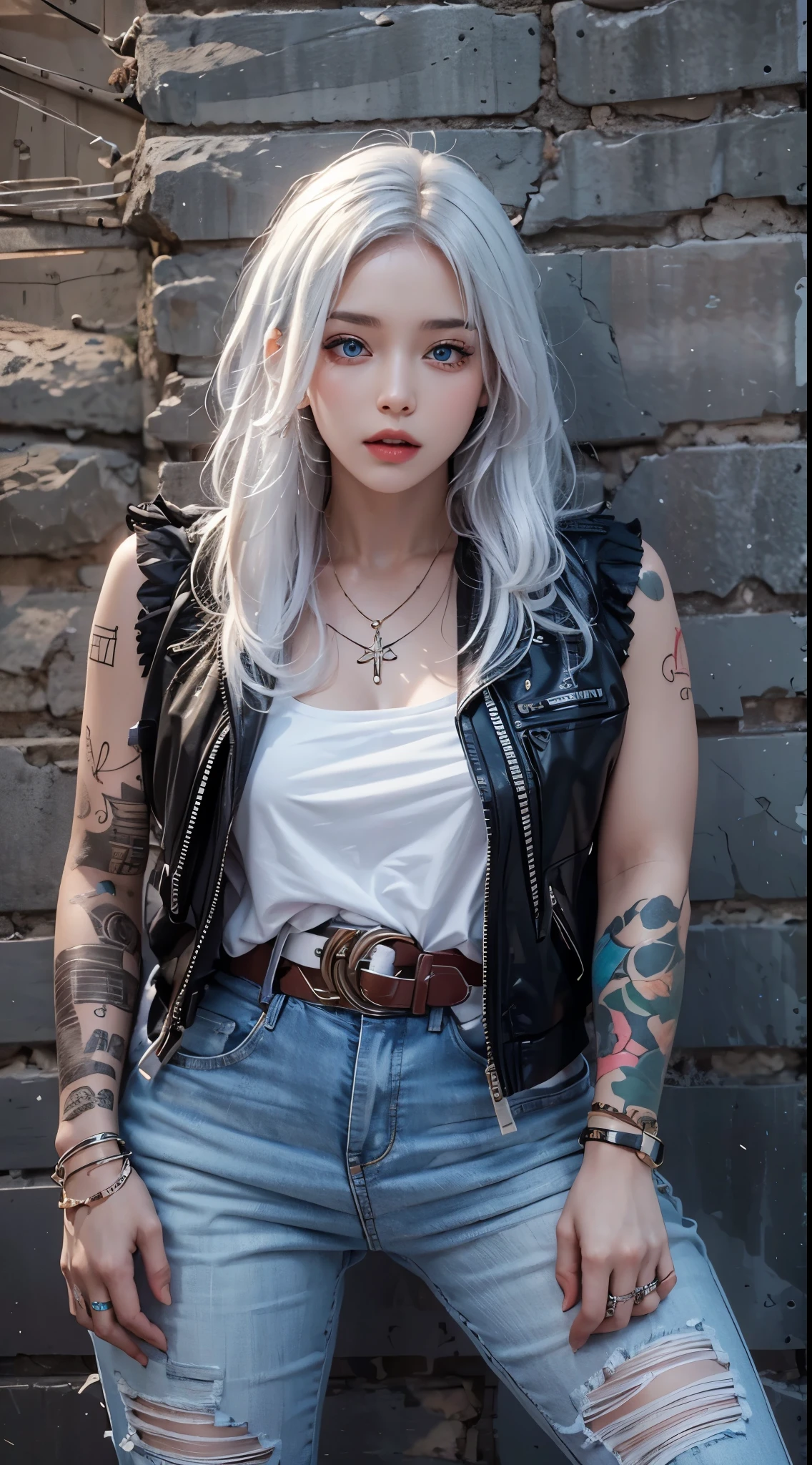 realistic, high resolution, soft lighting, 1 woman, 25 years old, alone, butt up, blue eyes, gray hair, long hair, bijouterie, Tattoo, streetwear