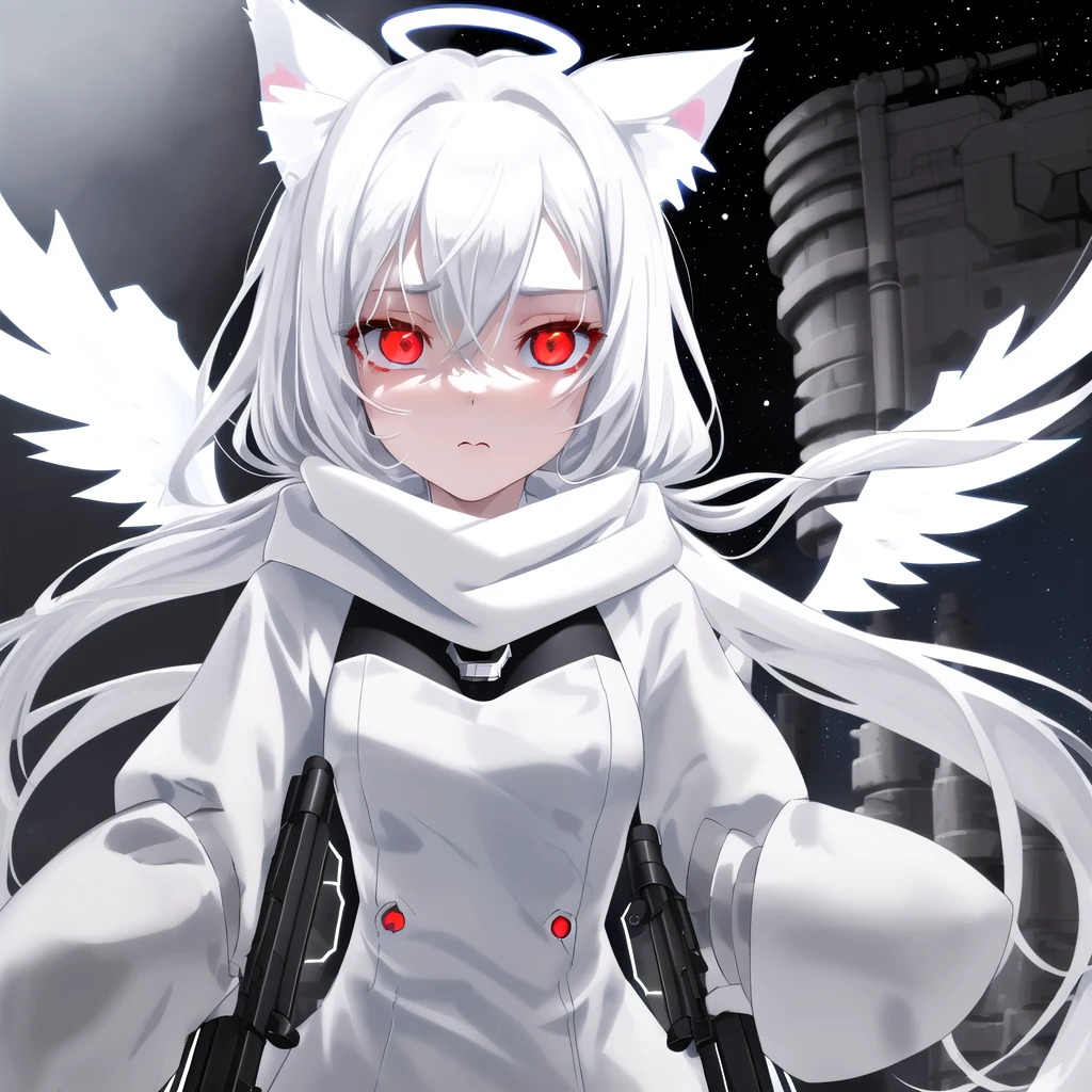 masterpiece, highest quality, highest resolution, clear_image, detailed details, White hair, long hair, cat ears, 1 girl, red eyes, tight clothes, sci-fi gear, light blue glow, white scarf (white scarf around the neck), gray futuristic halo (gray halo over the head), white wings, holding rifle, cute, no water marks, outer space