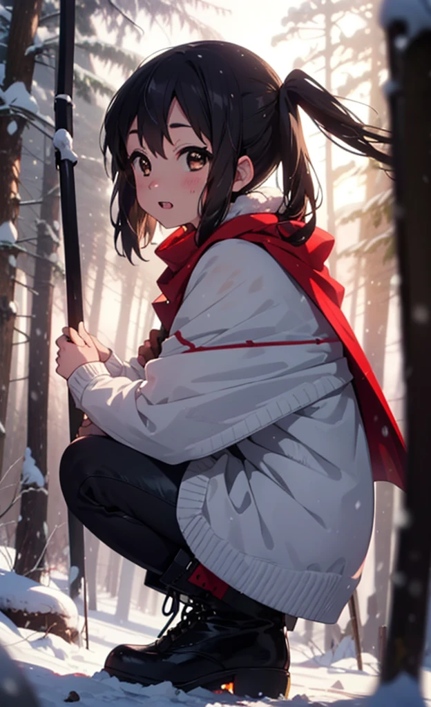 teeth, Azusa Nakano, Black Hair, (Brown eyes:1.5), Long Hair, ,Twin tails,smile,smile,blush,White Breath,
Open your mouth,snow,Ground bonfire,, Outdoor, boots, snowing, From the side, wood, suitcase, Cape, Blurred, , forest, White handbag, nature, Squat, Mouth closed, Cape, winter, Written boundary depth, Black shoes, red Cape break looking at viewer, Upper Body, whole body, break Outdoor, forest, nature, break (masterpiece:1.2), Highest quality, High resolution, unity 8k wallpaper, (shape:0.8), (Beautiful and beautiful eyes:1.6), Highly detailed face, Perfect lighting, Highly detailed CG, (Perfect hands, Perfect Anatomy),