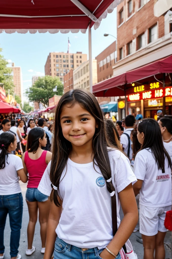 A 12 year old Native American girl named Tina with hazel eyes and wearing white sneakers and white shorts and white shirt with a blue shirt and she’s in a urban setting in Harlem NYC where a block party is happening and children are running around screaming and yelling and eating hamburgers and hotdogs and adults are watching And serving food and it’s a sunny day and the music is playing and the street is blocked off and they have some carnival rides,and cotton candy and it’s just a festive atmosphere