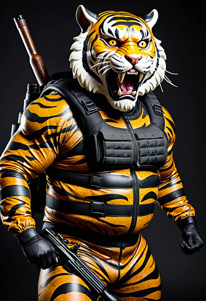(a dark-skinned muscular fat old man in a bulky camouflage zipper diver suit) carrying a rifle and (wearing proportionate realistic roaring tiger mask that show the wearer eyes), muscular, Bruce Onobrakpeya, sumatraism, stanley artgermm, muscular physique, imposing stature, action, heroic, fierce, snarling, best quality
