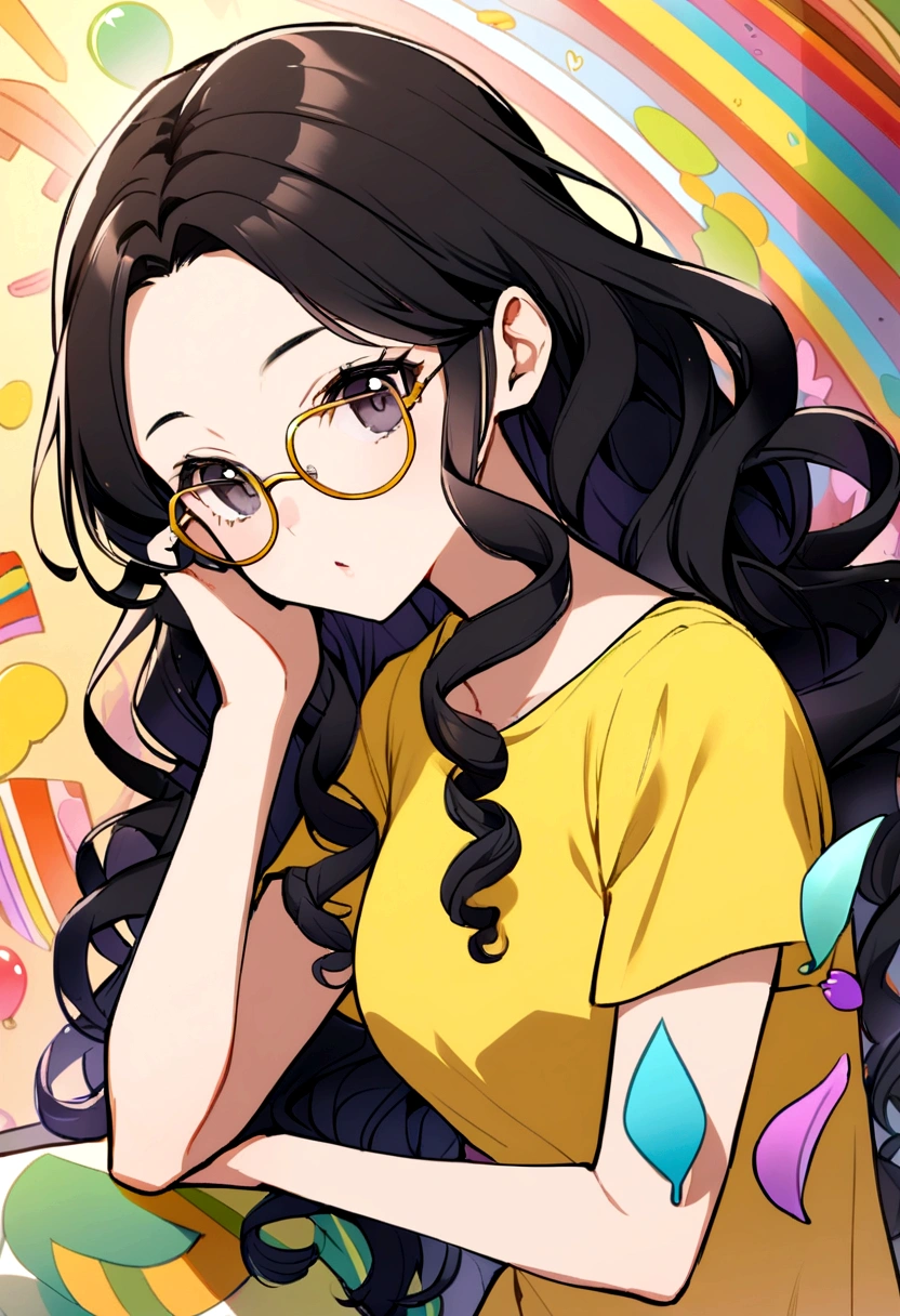 girl with black hair, long curly hair, no bangs, gold rimmed glasses, black eyes, yellow t-shirt