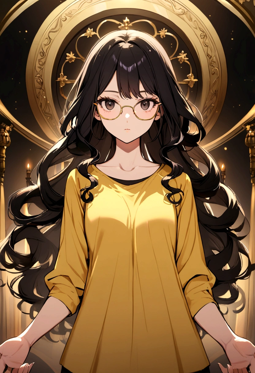 girl with black hair, long curly hair, no bangs, gold rimmed glasses, black eyes, yellow t-shirt