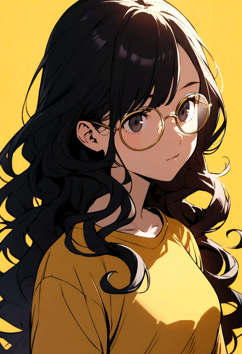 girl with black hair, long curly hair, no bangs, gold rimmed glasses, black eyes, yellow t-shirt