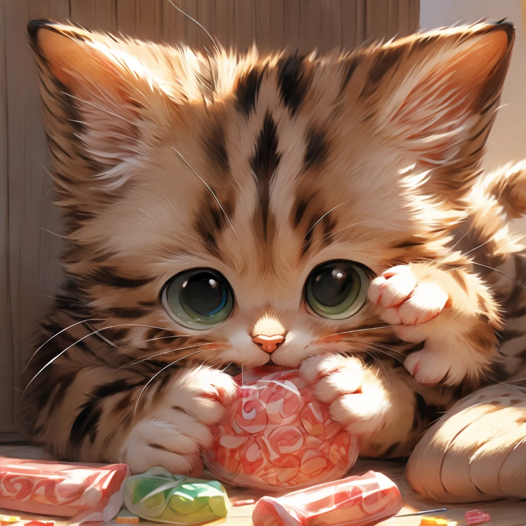 Brown tabby kitten、Licking a big candy